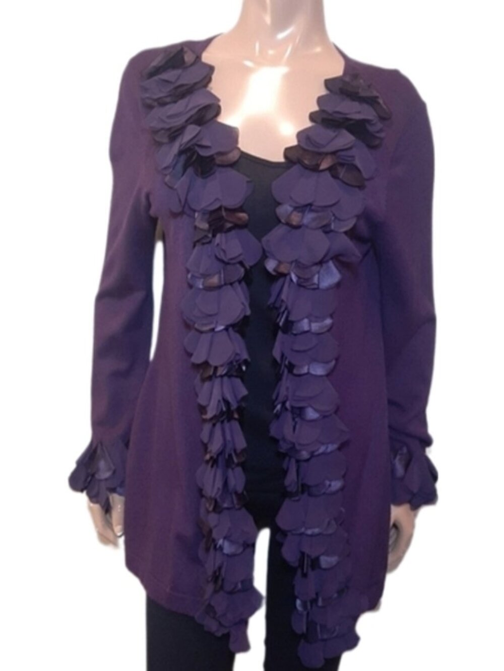 Laura Petites Embellished Cardigan Sweater Chiffon Satin Ruffled Royal Purple